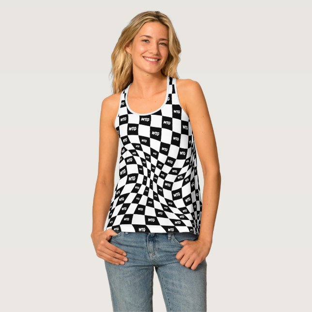 checkered black and white race track retro 70s  tank top (Front Full)