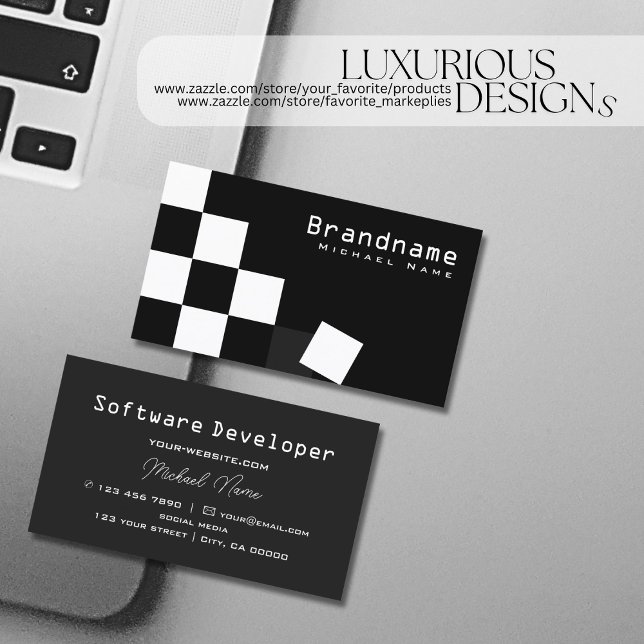 Checkered Black and White Stylish Dark Gray Modern Business Card (Creator Uploaded)