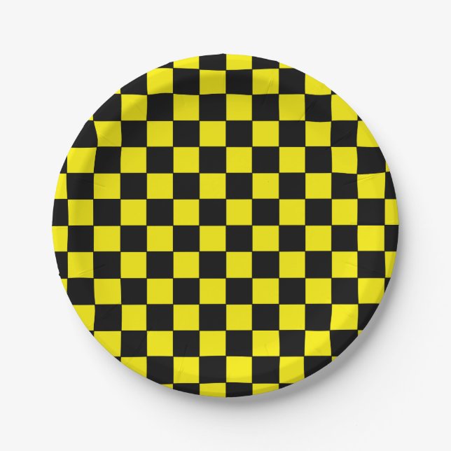 Checkered Black and Yellow Paper Plates (Front)
