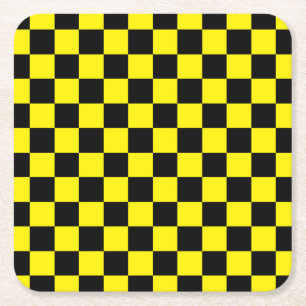 Checkered Black and Yellow Square Paper Coaster