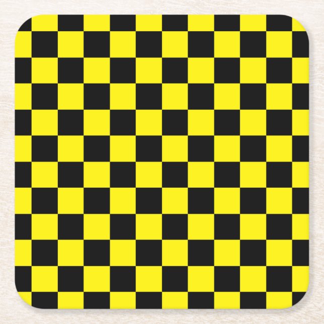 Checkered Black and Yellow Square Paper Coaster (Front)