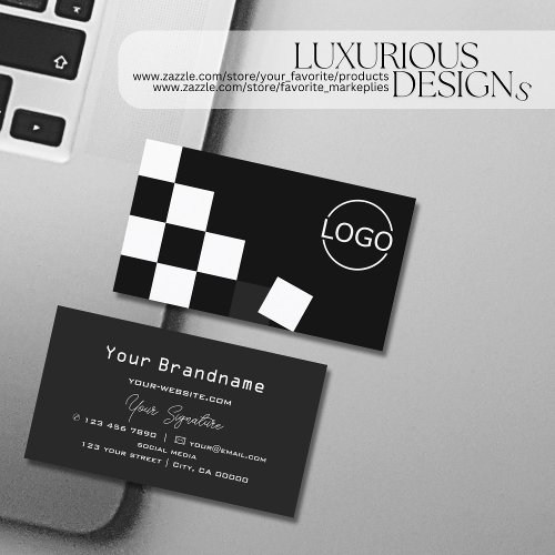 Checkered Black Dark Gray Modern with Logo Stylish Business Card