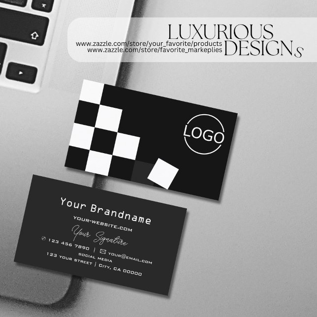 Checkered Black Dark Gray Modern with Logo Stylish Business Card (Creator Uploaded)