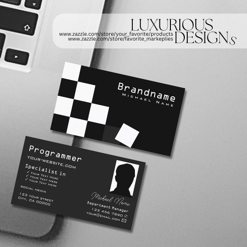 Checkered Black Dark Gray Modern with Photo Cool Business Card