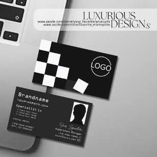 Checkered Black Dark Gray with Logo and Photo Business Card