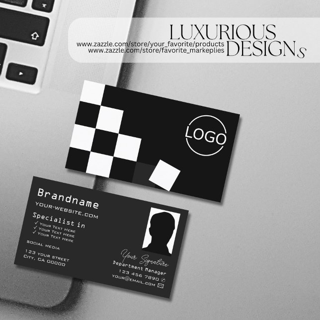Checkered Black Dark Gray with Logo and Photo Business Card (Creator Uploaded)