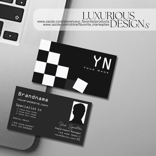 Checkered Black Dark Gray with Monogram and Photo Business Card