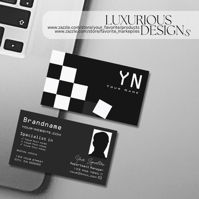 Checkered Black Dark Gray with Monogram and Photo Business Card (Creator Uploaded)