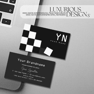 Checkered Black Dark Gray with Monogram Modern Business Card