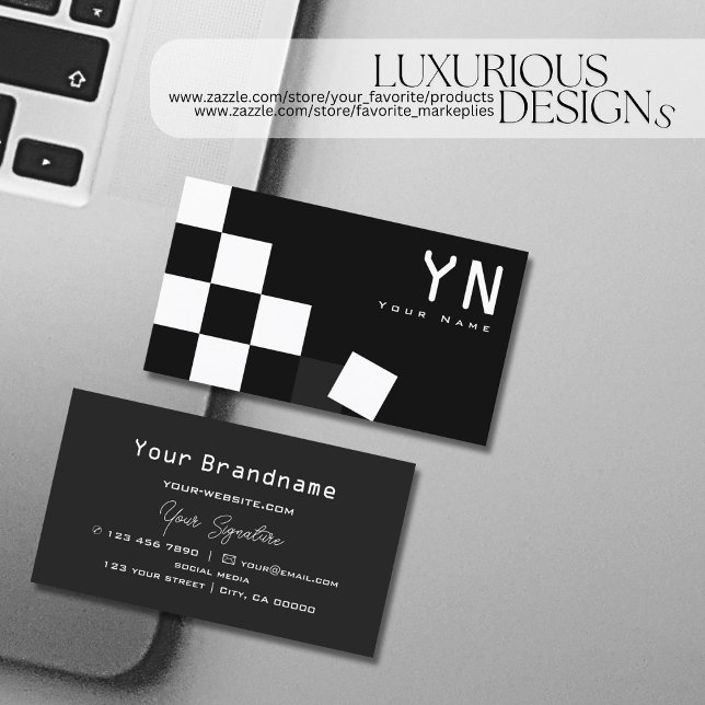Checkered Black Dark Gray with Monogram Modern Business Card (Creator Uploaded)