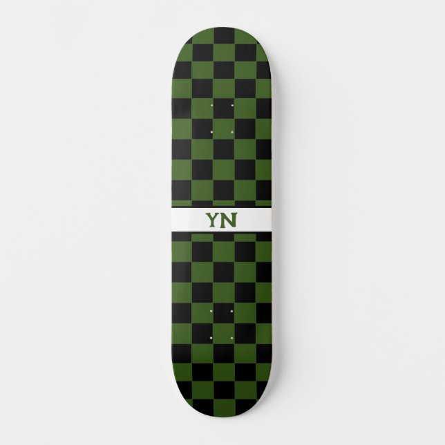 Checkered Black & Dark Green Custom Name Initials Skateboard (Front)