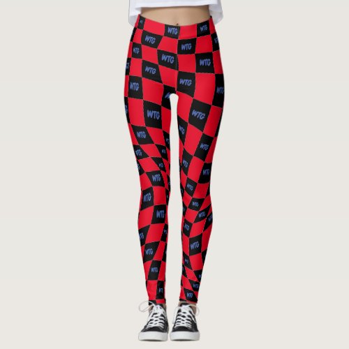 checkered black red and blue race track retro leggings