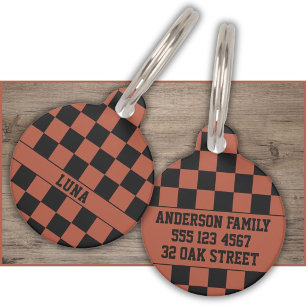 Checkered Black Terracotta Check Pattern Name Pet ID Tag