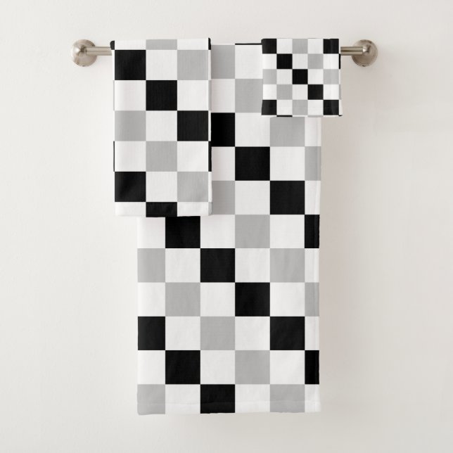 Checkered Black, White and Gray Bath Towel Set (Insitu)