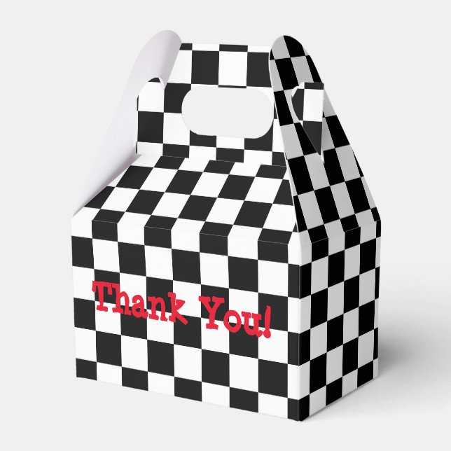 Checkered Black & White Birthday Party Favor Boxes (Front Side)