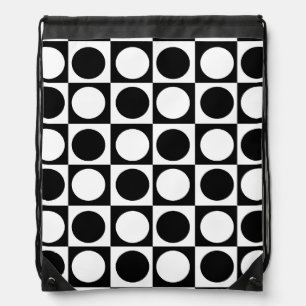 Checkered Black White Circles Pattern Design Drawstring Bag