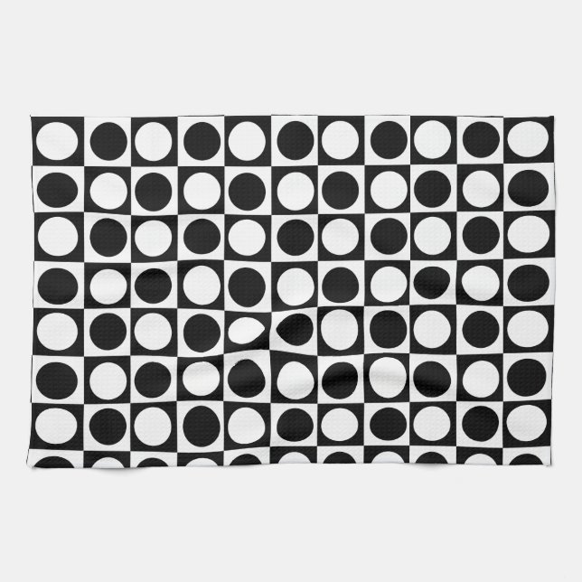 Checkered Black White Circles Pattern Design  Kitchen Towel (Horizontal)