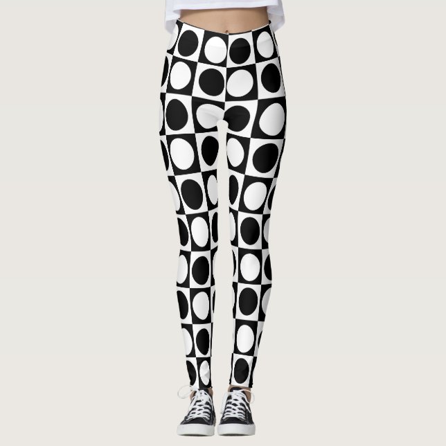 Checkered Black White Circles Pattern Design  Leggings (Front)