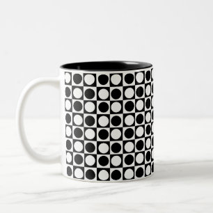 Checkered Black White Circles Pattern Design Two-Tone Coffee Mug