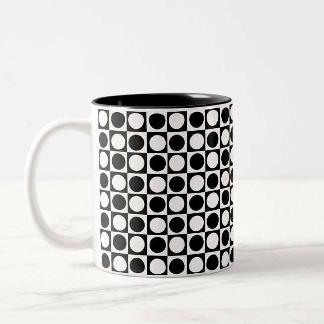 Checkered Black White Circles Pattern Design  Two-Tone Coffee Mug (Left)