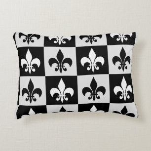 Checkered Black White Fleur-De-Lis Pattern Accent Pillow