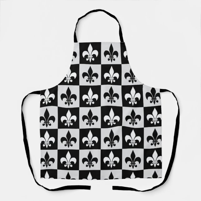 Checkered Black White Fleur-De-Lis Pattern  Apron (Front)