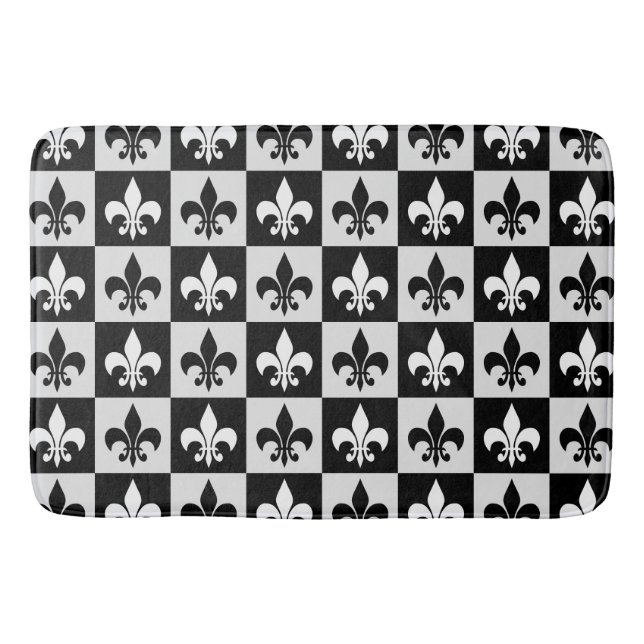 Checkered Black White Fleur-De-Lis Pattern  Bath Mat (Front)