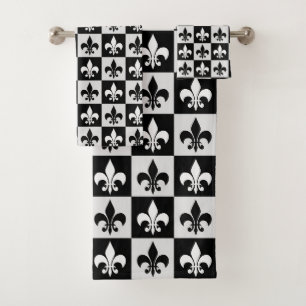 Checkered Black White Fleur-De-Lis Pattern Bath Towel Set