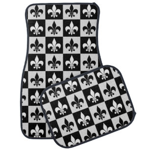 Checkered Black White Fleur-De-Lis Pattern  Car Floor Mat