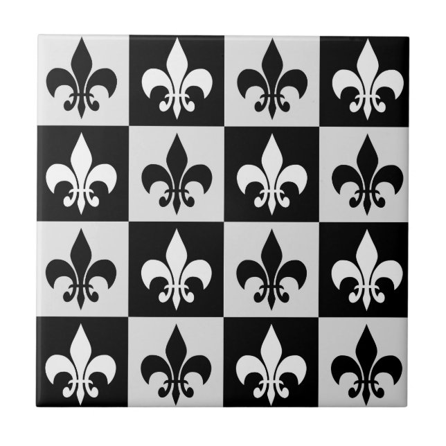 Checkered Black White Fleur-De-Lis Pattern  Ceramic Tile (Front)