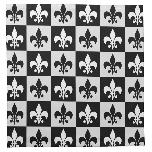 Checkered Black White Fleur-De-Lis Pattern  Cloth Napkin (Front)