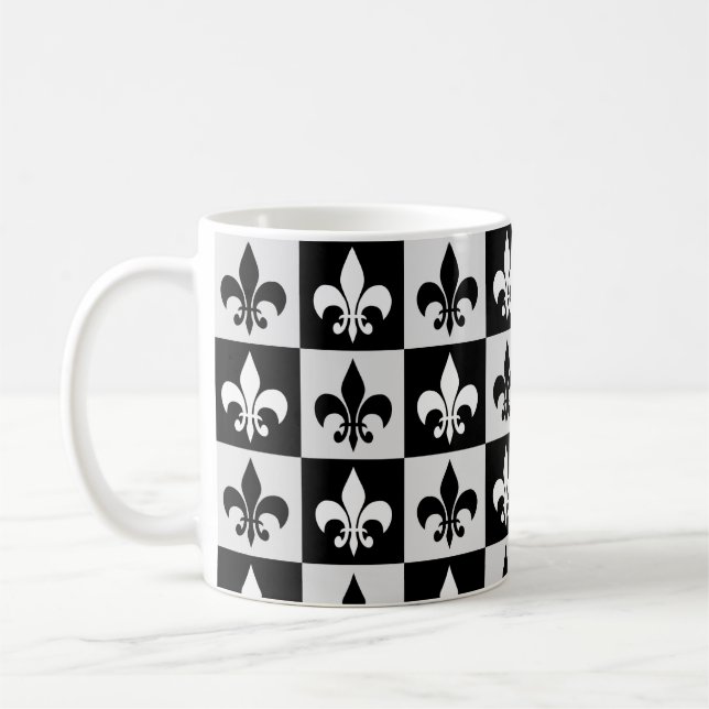 Checkered Black White Fleur-De-Lis Pattern  Coffee Mug (Left)
