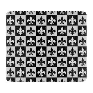 Checkered Black White Fleur-De-Lis Pattern  Cutting Board