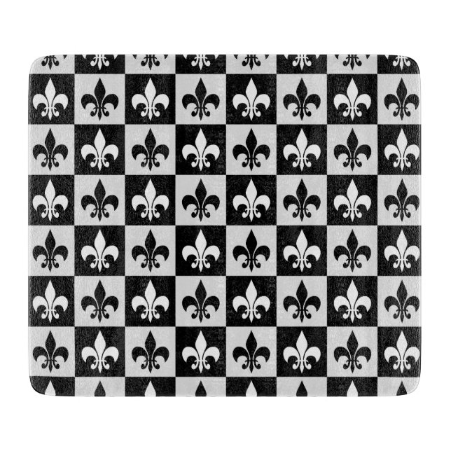 Checkered Black White Fleur-De-Lis Pattern  Cutting Board (Front)