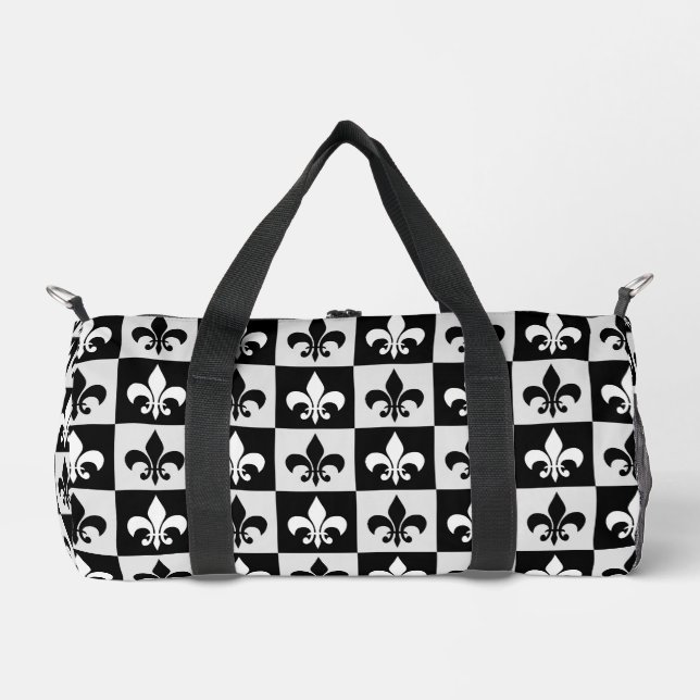 Checkered Black White Fleur-De-Lis Pattern  Duffle Bag (Front)