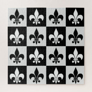 Checkered Black White Fleur-De-Lis Pattern Jigsaw Puzzle