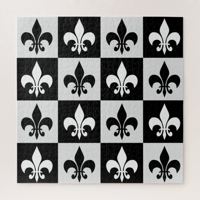 Checkered Black White Fleur-De-Lis Pattern  Jigsaw Puzzle (Vertical)