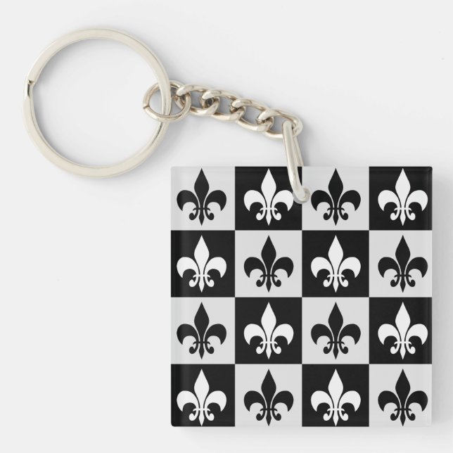 Checkered Black White Fleur-De-Lis Pattern  Keychain (Front)