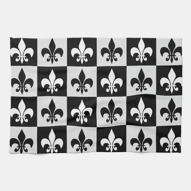 Checkered Black White Fleur-De-Lis Pattern  Kitchen Towel (Horizontal)