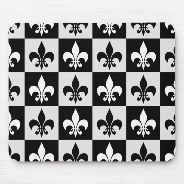 Checkered Black White Fleur-De-Lis Pattern  Mouse Pad (Front)