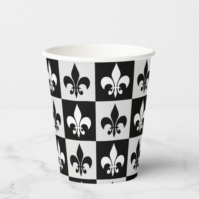 Checkered Black White Fleur-De-Lis Pattern  Paper Cups (Front)