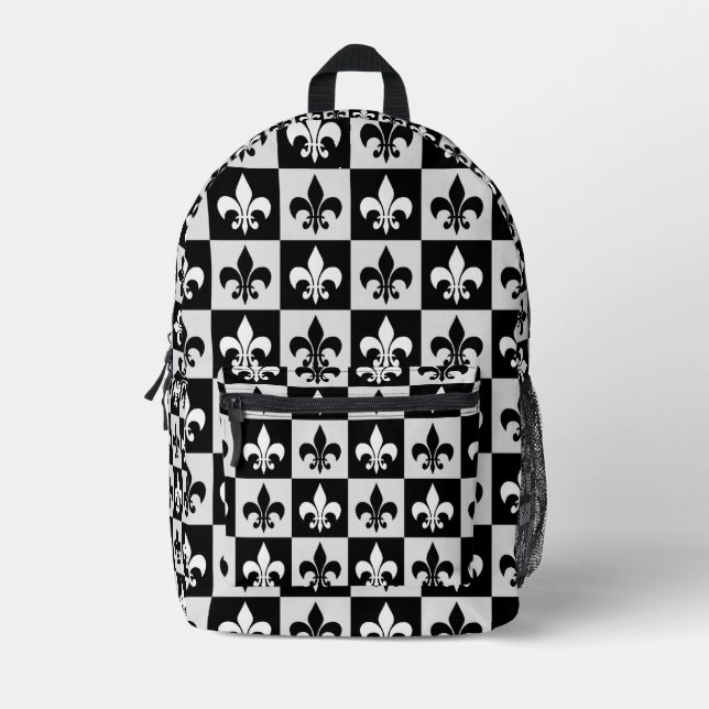 Checkered Black White Fleur-De-Lis Pattern  Printed Backpack (Front)