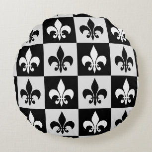 Checkered Black White Fleur-De-Lis Pattern Round Pillow