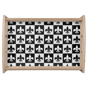 Checkered Black White Fleur-De-Lis Pattern  Serving Tray