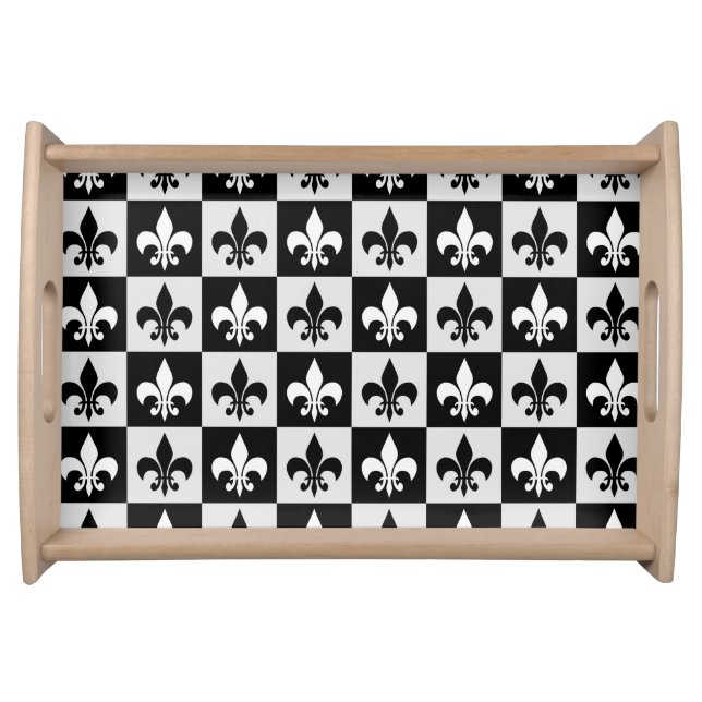Checkered Black White Fleur-De-Lis Pattern  Serving Tray (Front)