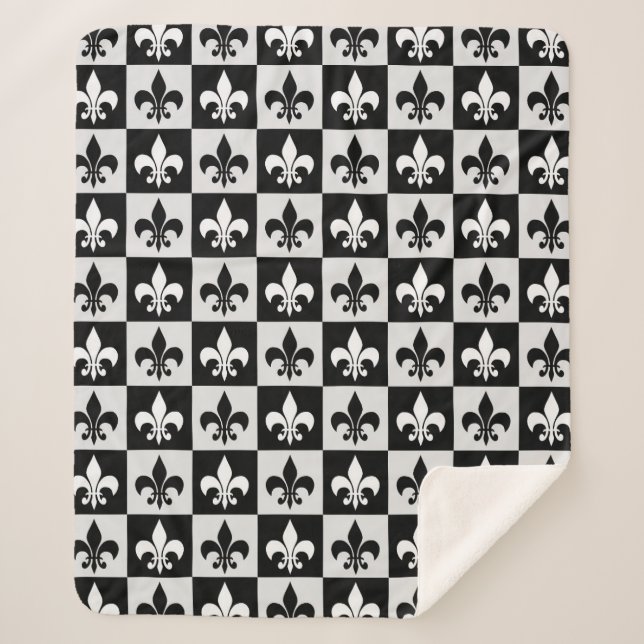 Checkered Black White Fleur-De-Lis Pattern  Sherpa Blanket (Front)