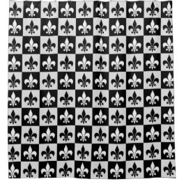 Checkered Black White Fleur-De-Lis Pattern Shower Curtain