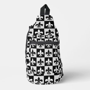 Checkered Black White Fleur-De-Lis Pattern Sling Bag