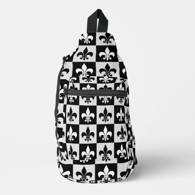 Checkered Black White Fleur-De-Lis Pattern  Sling Bag (Front)