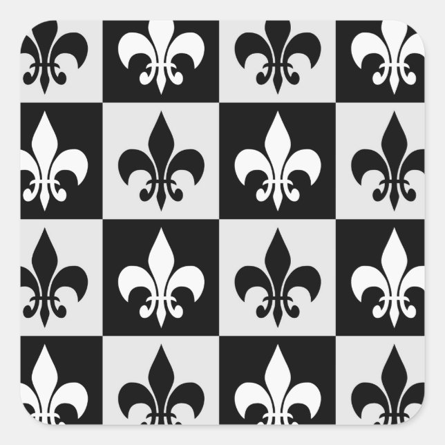 Checkered Black White Fleur-De-Lis Pattern  Square Sticker (Front)